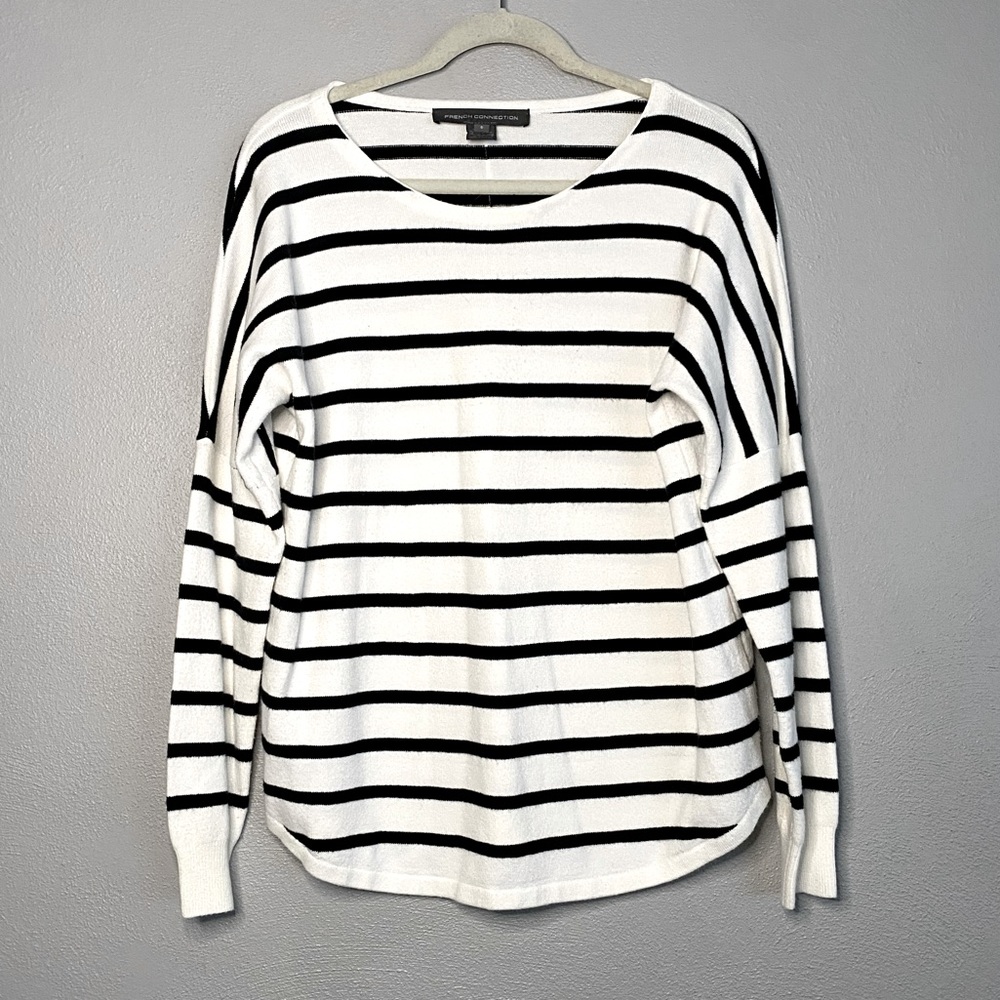 French Connection Sweater Size Small Black White Stripe Long Sleeve Cozy Soft